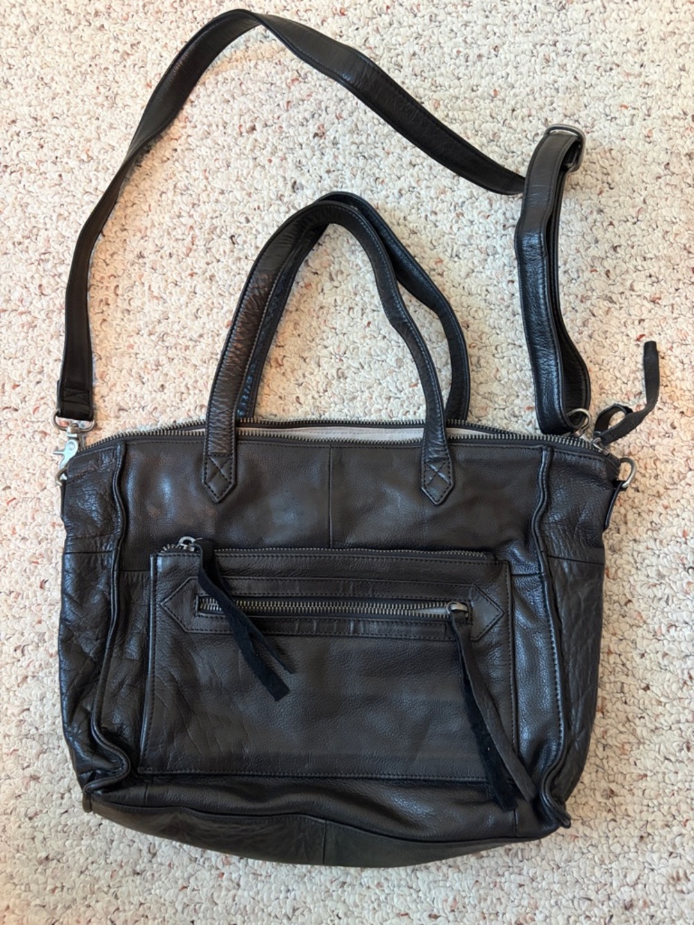Day & Mood Black Leather Satchel Tote with Crossbody Strap